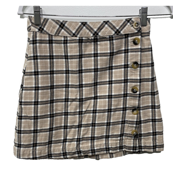 DIVIDED H&M Button Up Plaid Mini Skirt Schoolgirl Tan Black Size 4 100% Cotton - Picture 1 of 7